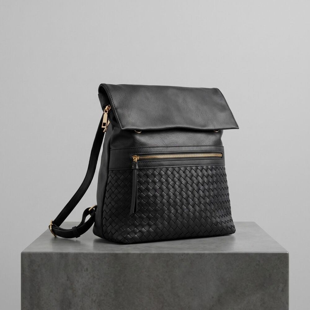 Leather Woven Backpack Purse Black with Flap Helena Fall Handbag